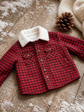 Carter's White Sherpa-Lined Plaid Jacket with Red & Black Trim